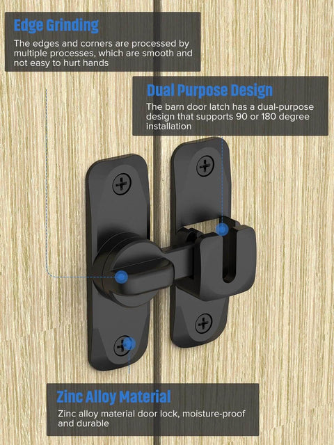 90/180 Degree Flip Barn Door Lock installed on wood surface, black zinc alloy latch showing dual-purpose design and edge grinding