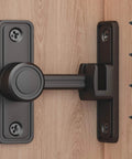Black Barn Door Privacy Latch, 90°/180° Swing Slide Lock, Zinc-Alloy, side view, includes adhesive screws for interior use