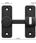 Front view of Barn Door Privacy Latch, 90°/180° Swing Slide Lock in black, with measurements and screw holes visible, ideal for interior use.