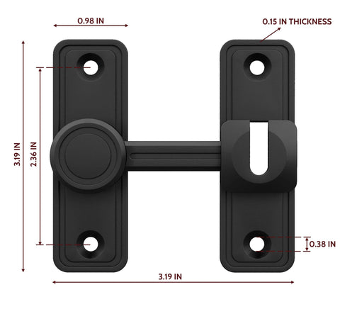 Front view of Barn Door Privacy Latch, 90°/180° Swing Slide Lock in black, with measurements and screw holes visible, ideal for interior use.