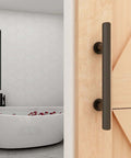 2 Pack Modern 9.5 Inch Sliding Barn Door Pull Handle With Flush Hardware Set Rustic Black Powder Coated Finish on wood door