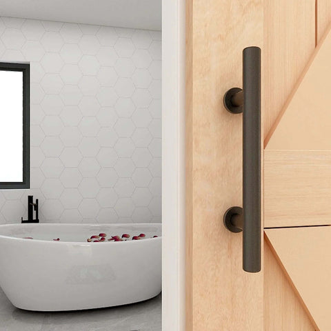 2 Pack Modern 9.5 Inch Sliding Barn Door Pull Handle With Flush Hardware Set Rustic Black Powder Coated Finish on wood door