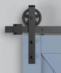 2 Pack Barn Door Roller Kit With Large Wheel Hangers Easy To Install For Thick Door Tracks Fits Door Thickness 1 3 8 To 1 3 4 Inches Black Finish Carbon Steel Body POM Wheel Supports Up To 260 Lb Weight Capacity installed on blue door