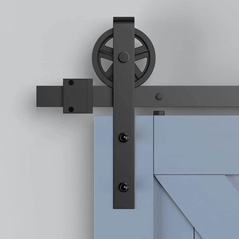 2 Pack Barn Door Roller Kit With Large Wheel Hangers Easy To Install For Thick Door Tracks Fits Door Thickness 1 3 8 To 1 3 4 Inches Black Finish Carbon Steel Body POM Wheel Supports Up To 260 Lb Weight Capacity installed on blue door