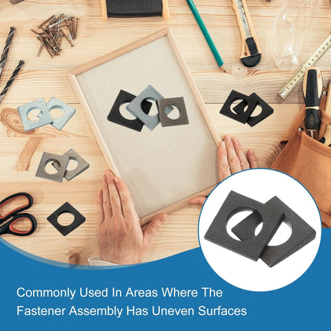 M16 Beveled Square Washers 4 Pcs Carbon Steel Black Thickness 2 To 7.8mm displayed on a workbench