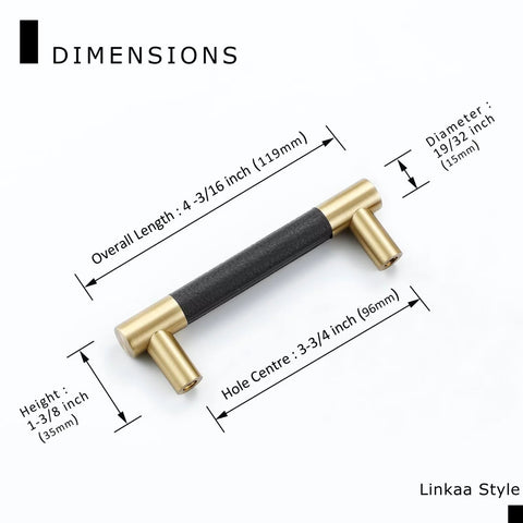 Dimensions diagram of Ten Pack Black Brass Kitchen Cabinet Handles And Drawer Pulls Brushed Gold Finish Modern Hardware for vanity.