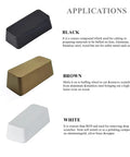 Three buffing compound bars in black, brown, and white for metal polishing applications with descriptions of their uses.
