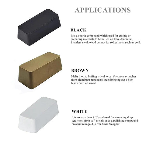 Three buffing compound bars in black, brown, and white for metal polishing applications with descriptions of their uses.