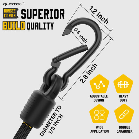 Close-up of black 6 Pack Adjustable Bungee Cord with Hook, heavy duty carabiner, 1/3 inch diameter, highlighting superior build quality.