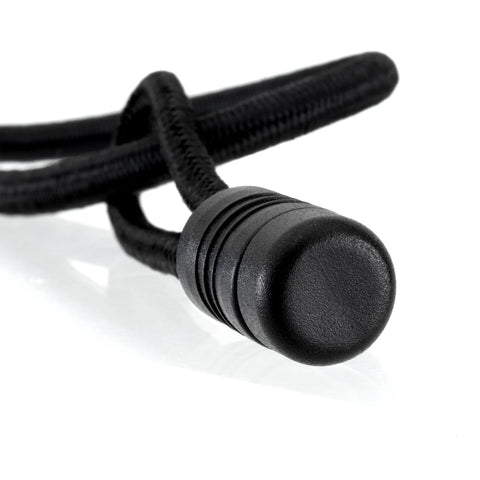 Close-up of a black bungee cord from Pocket Door Holder With Bungee Cord And Pull Tab For RVs And Cabinets, showing nylon material and pull tab.