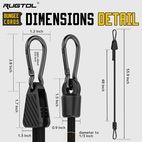 6 Pack Adjustable Bungee Cords With Hooks, Heavy Duty Carabiner Bungee Straps dimensions detail, 48 Inch length, black