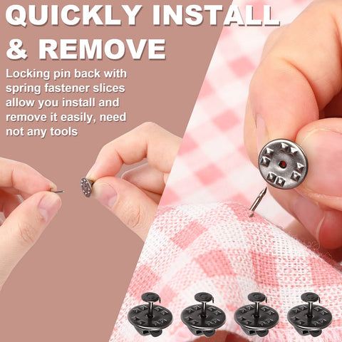 Close-up of silver butterfly clutch tie tacks pins, demonstrating quick install and removal, package for craft making and jewelry DIY.