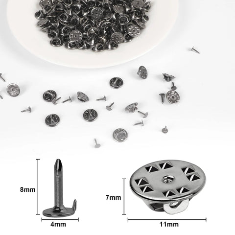 Close-up of black Silver Butterfly Clutch Tie Tacks Pins For Craft Making 120 Pairs, showing dimensions and metal locking spring fastener.