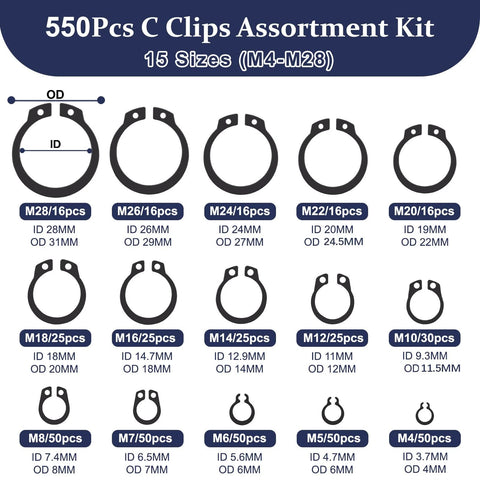Ultimate C Clip Assortment Kit With 15 Sizes M4 To M28 In BlackCarbon Steel External Retaining Rings with sizes chart.