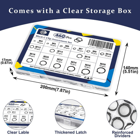 Ultimate C Clip Assortment Kit With 15 Sizes M4 To M28 In BlackCarbon Steel External Retaining Rings storage box.