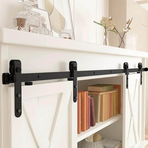 4ft Double Door Sliding Barn Door Hardware Kit For Cabinets Wardrobes And TV Stands With Carbon Steel Construction Black