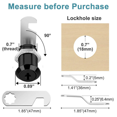 Keyed-alike cabinet cam locks in a sleek black finish for secure drawers, files, and RV storage; includes two 1-1/8 inch locks with two keys; image shows lock dimensions and components.