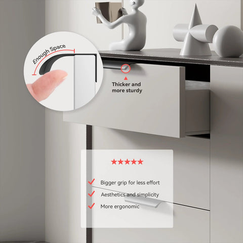 Close-up of a 10 Pack 5 Inch Black Cabinet Pulls Edge Finger Pulls for Cabinets and Dresser Drawers showing ergonomic design and grip.