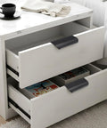 White dresser with open drawers showing 20 Pack Self Adhesive Finger Pulls For Cabinets No Drill Edge Pull Handles, black, easy install.