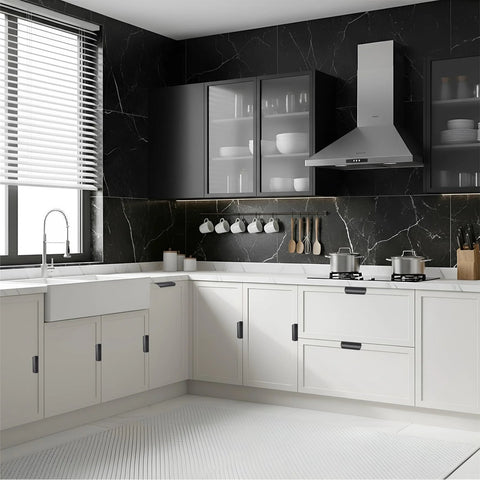 Modern kitchen with white cabinets featuring 20 Pack Self Adhesive Finger Pulls For Cabinets No Drill Edge Pull Handles for sleek look.