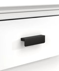 Installed black aluminum cabinet handle on white drawer, showing Ten Pack Black 3 Inch Cabinet Handles Finger Pulls Edge Pulls For Cabinets.