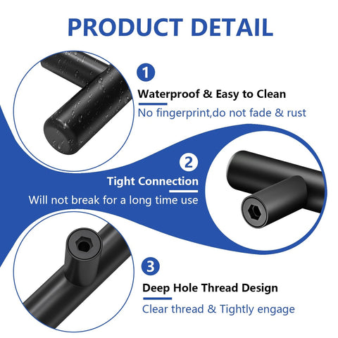 Diagram showing features of Matte Black Cabinet Handles 60 Pack With 3 Inch Hole Centers And 5 Inch Overall Length Stainless Steel Drawer Pulls
