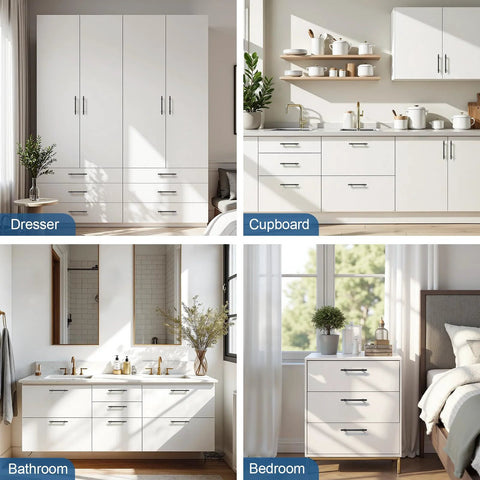 Five Inch Cabinet Pulls Black 10 Pack Modern Drawer Handles on white kitchen, bathroom, dresser, and bedroom cupboards