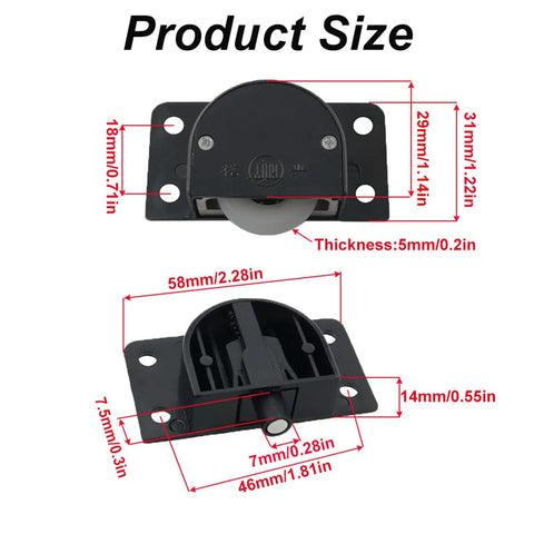 2 Pieces Black Sliding Cabinet Hardware Kit For Wardrobes And Closets Mute Door Pulley Wheels with size measurements
