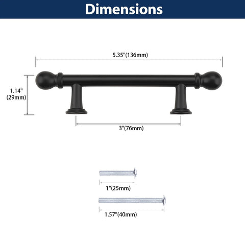 10 Pack 3 Inch 76mm Black Cabinet Pulls Heavy Duty Zinc Alloy Handles dimensions with screws shown for kitchen cabinets