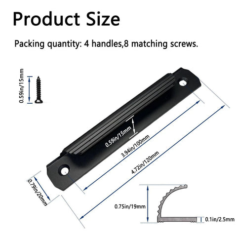 Black Cabinet Pulls 4 Pack for Kitchen Cabinets and Drawers 4.72 Inch Length with 3.93 Inch Center Hole Spacing, size and screw details
