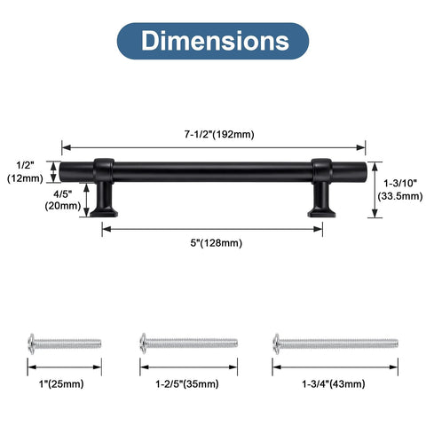 Detailed dimensions of the Five Inch Cabinet Pulls Black 10 Pack modern drawer handles for kitchen cupboard bathroom dresser cabinet hardware.