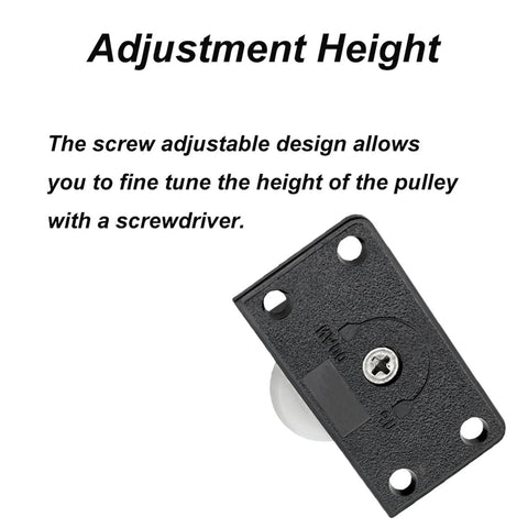 Close-up of 2 Pieces Black Sliding Cabinet Hardware Kit for Wardrobes and Closets Mute Door Pulley Wheels, showing adjustment feature.