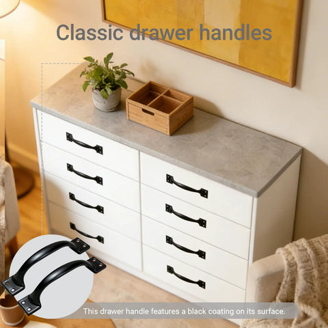 White dresser with Six Pack Five Point Six Inch Cabinet Pulls And Door Handles In Matte Black Stainless Steel