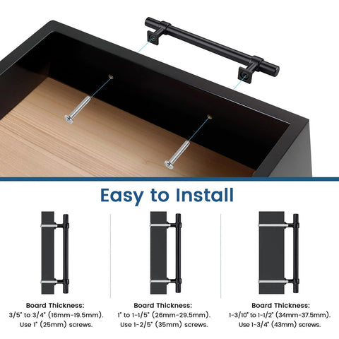 Installation guide for Five Inch Cabinet Pulls Black 10 Pack Modern Drawer Handles, showing dimensions and screw sizes.