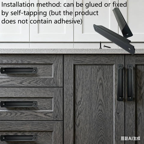 Black Cabinet Pulls 4 Pack for Kitchen Cabinets and Drawers 4.72 Inch Length, shown installed on wooden cabinets