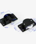 Black Sliding Cabinet Hardware Components 2 Sets With Four Sliding Door Rollers And Nylon Pulley And Mounting Screws For Wardrobe Doors And Home Furniture Fittings Made From Durable ABS And Nylon, with dimensions shown.