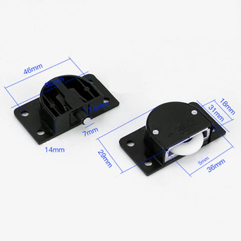 Black Sliding Cabinet Hardware Components 2 Sets With Four Sliding Door Rollers And Nylon Pulley And Mounting Screws For Wardrobe Doors And Home Furniture Fittings Made From Durable ABS And Nylon, with dimensions shown.