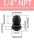 Ten Pack One Quarter Inch NPT Black Cable Glands IP68 Waterproof Nylon Strain Relief Cord Grips Adjustable Three To Six Point Five Millimeter Wire Connectors With Rubber Gaskets And Locknuts For Junction Box Electrical Fittings, front view with dimensions