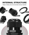 24 Piece Black Adjustable Cable Glands One Half Inch NPT IP68 Waterproof Electrical Connectors Nylon Cord Grips Strain Relief with labeled parts.