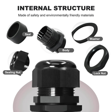 24 Piece Black Adjustable Cable Glands One Half Inch NPT IP68 Waterproof Electrical Connectors Nylon Cord Grips Strain Relief with labeled parts.