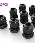 20 Pack Black Plastic Waterproof Cable Glands M20 x 1.5 IP67 Rated for 6-11mm Cables, shown in various angles.