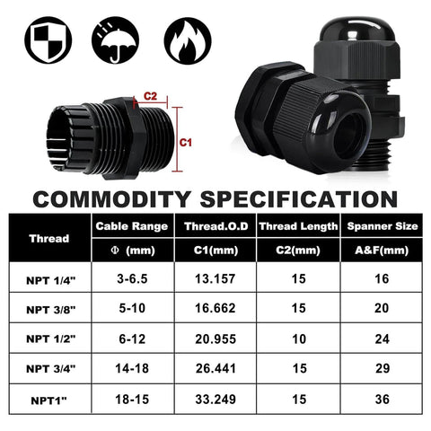 24 Piece Black Adjustable Cable Glands One Half Inch NPT IP68 Waterproof Electrical Connectors diagram and specifications