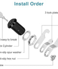 Keyed-alike cabinet cam locks in a sleek black finish; lock cylinder, spur washer, hex nut, 3 plates, and screw shown.