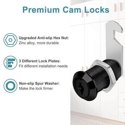 Keyed-alike cabinet cam locks in a sleek black finish for secure drawers, files, and RV storage; side view of cam lock