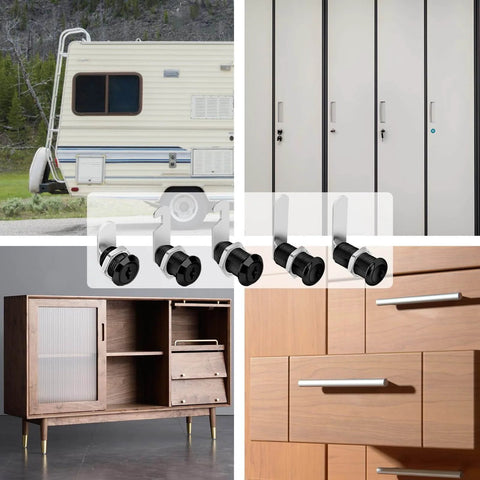 Keyed-alike cabinet cam locks in a sleek black finish for secure drawers, files, and RV storage; includes two 1-1/8 inch locks