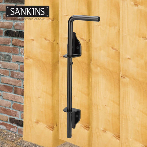 Beefed Up 12 Inch Cane Bolt Drop Rod Gate Hardware Heavy Duty Black Solid Steel Ground Latch for Wood Gates Installed View