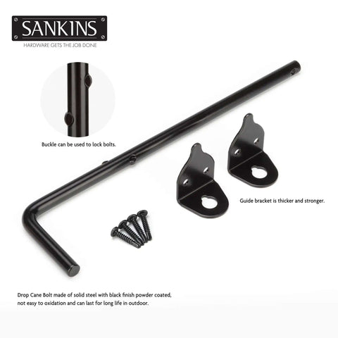 Beefed Up 12 Inch Cane Bolt Drop Rod Gate Hardware Heavy Duty Black Solid Steel Ground Latch with brackets and screws