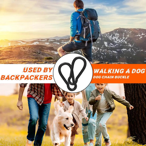 15 Pieces M5 Heavy Duty Carabiner Clips 2 Inch Snap Hooks overlaid on images of hiking and dog walking
