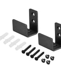 Floor Guide For Sliding Barn Doors Two Pack In Carbon Steel With Flexible Adjustable U Bracket And Flush Bottom Mount Flat Swing Stopper Black Finish Easy Install For Durable Track Alignment And Quiet Operation. Black U-shaped brackets and screws.