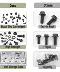 Comparison showing black zinc galvanized nuts and bolts with storage case versus rust-prone bolts in bag only. Product: Nuts And Bolts Assortment Kit 272 Pieces Flange Hex Bolts Nuts Washers Grade 10.9 Black Carbon Steel M6 M8 M10.